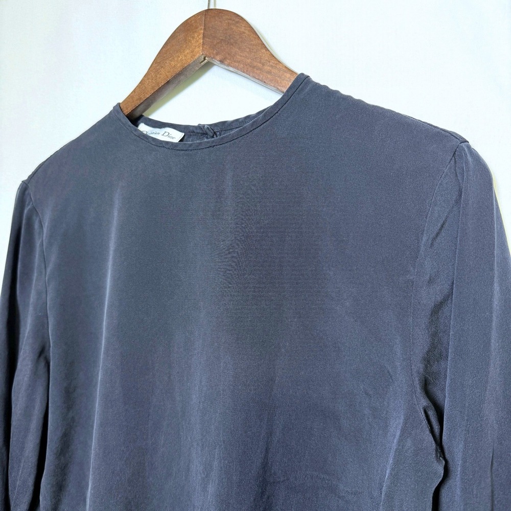 Christian Dior Vintage Silk Blouse Navy Blue Button Back Long Sleeve Top Size 10 - Picture 2 of 8
